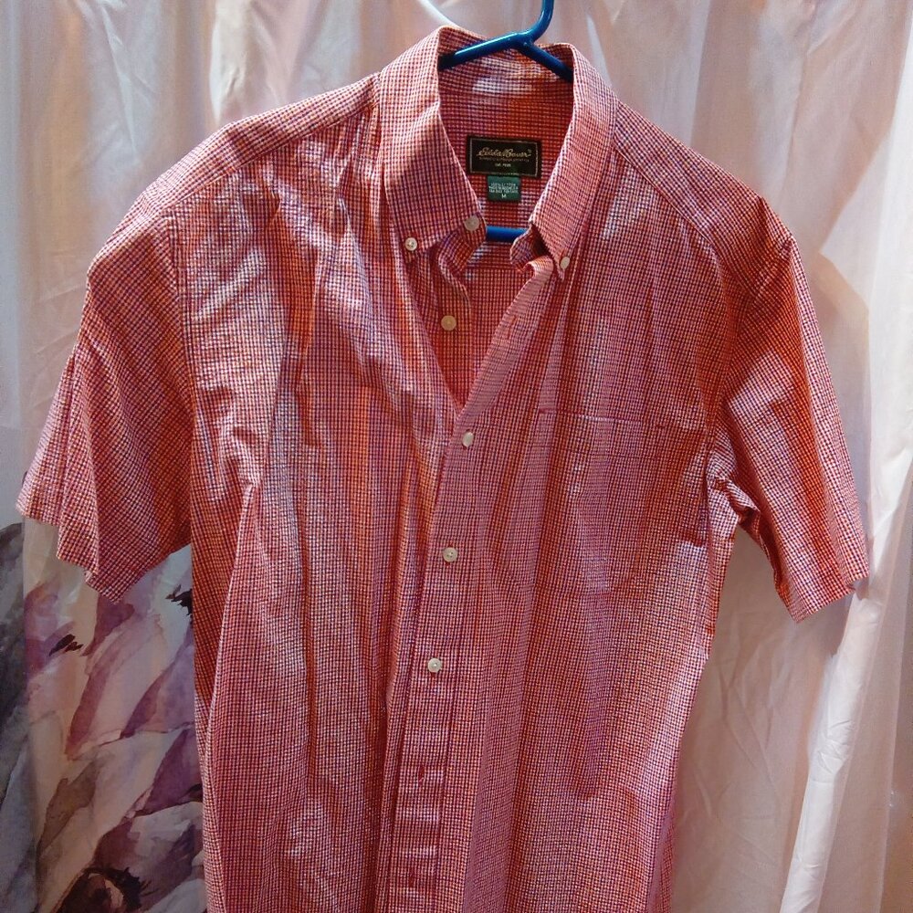Eddie Bauer red blue seersucker mens Medium short sleeve